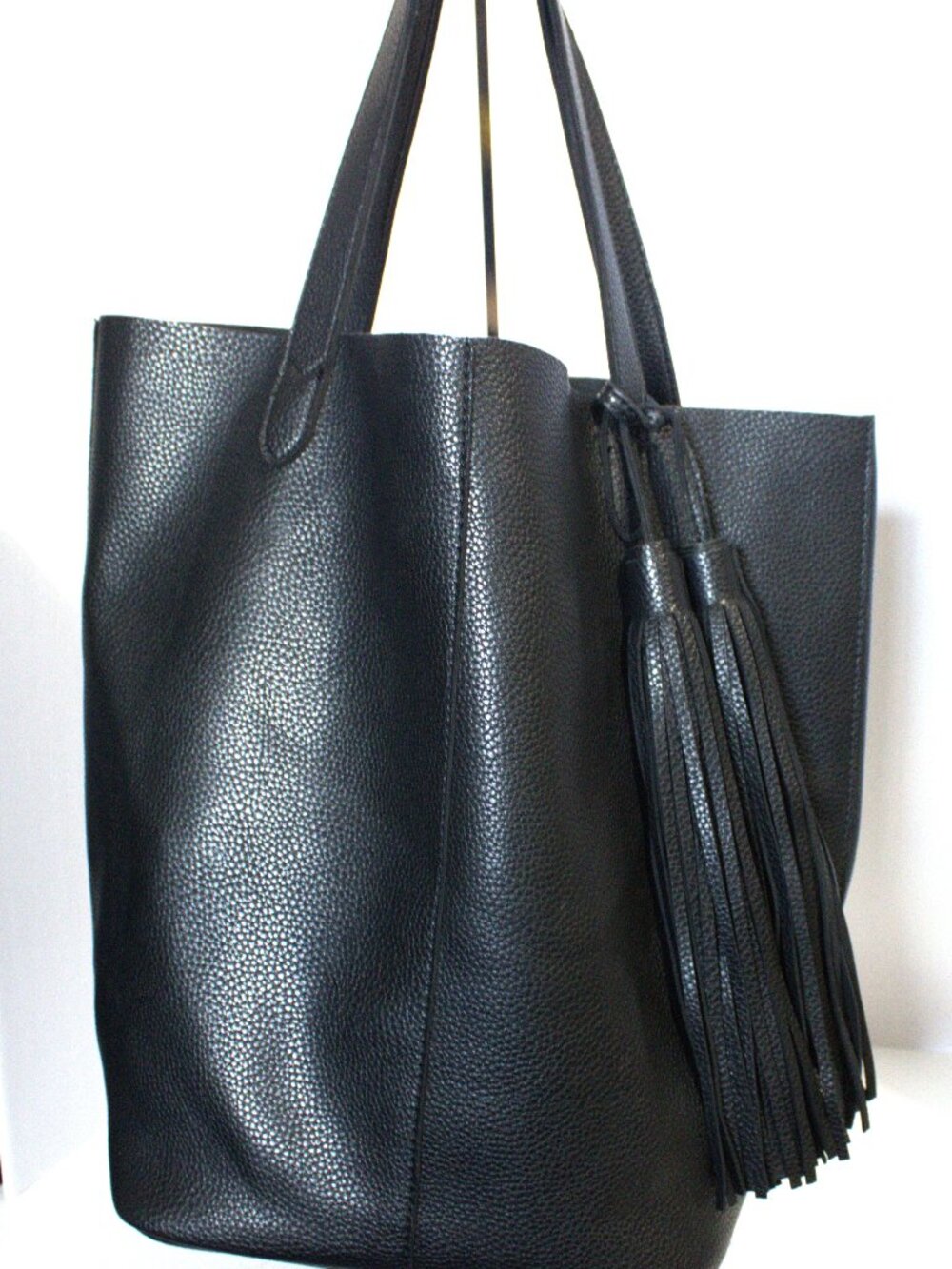 Shirleah, Black Vegan Leather Tote Bag in Large Size, with XL Tassels